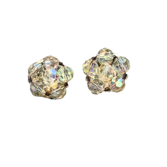 Lisner Vintage Aurora Borealis Crystal Cluster Clip On Earrings - Picture 1 of 7